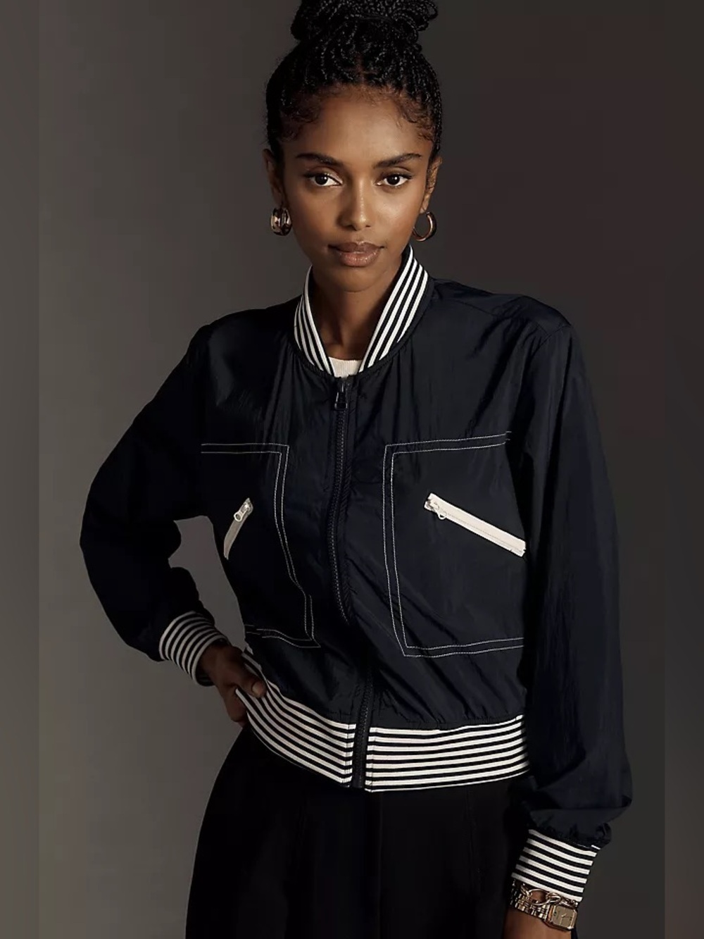 Daily Practice Cropped Black Nylon Bomber Jacket Striped Trim Utility M Sporty